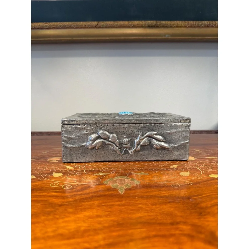 Antique‎ Art Nouveau Pewter Box • Repoussé Jewelry Casket w/ Blue Glass Cabochon